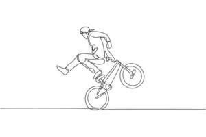 Single continuous line drawing of young BMX cycle rider show extreme risky trick in skatepark. BMX freestyle concept. Trendy one line draw design vector illustration for freestyle promotion media