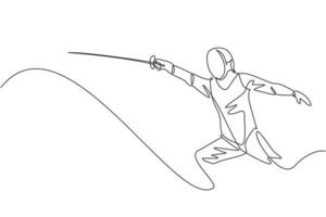 Single continuous line drawing of young professional fencer athlete man in fencing mask and rapier. Competitive fighting sport competition concept. Trendy one line draw design vector illustration