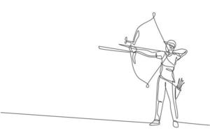 One continuous line drawing of young archer man pulling bow to shooting an archery target. Archery sport training and exercising concept. Dynamic single line draw design vector illustration graphic