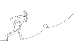 Single continuous line drawing of young happy bowling player man throw bowling ball to hit the pins. Doing sport hobby at leisure time concept. Trendy one line draw design graphic vector illustration