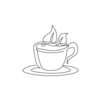 un dibujo de línea continua de una taza de té caliente fresca con el emblema del logotipo de hojas de té verde natural. concepto de plantilla de logotipo de tienda de bebidas y café. ilustración de vector de diseño de dibujo de línea única moderna