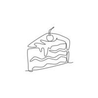 Single continuous line drawing of stylized cut sliced cake with cherry fruit topping art. Sweet pastry concept. Modern one line draw design vector graphic illustration for cake shop