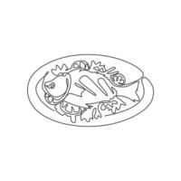 One continuous line drawing fresh delicious baked sea fish on plate restaurant logo emblem. Seafood menu cafe shop logotype template concept. Modern single line draw design vector graphic illustration