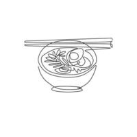 Single continuous line drawing of stylized Japanese ramen logo label. Emblem fast food noodle restaurant concept. Modern one line draw design vector illustration for cafe shop or food delivery service