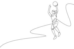 Single continuous line drawing of young healthy basketball female player jumping. Competitive sport concept. Trendy one line draw design vector illustration for basketball tournament promotion media