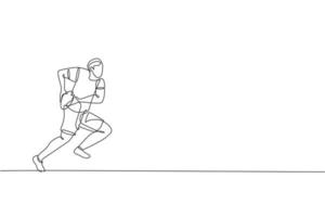 un dibujo de línea continua de un joven jugador de rugby que atrapa y defiende el balón. concepto de deporte agresivo competitivo. ilustración de vector de diseño de dibujo de línea única dinámica para medios de promoción de torneos