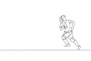 One single line drawing of young energetic rugby player running and holding the ball vector illustration. Healthy sport concept. Modern continuous line draw design for basketball tournament poster