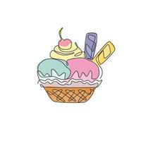 Single continuous line drawing of stylized ice cream cup with cherry topping logo label. Sweet frozen dessert concept. Modern one line draw design vector graphic illustration for snack cafe shop
