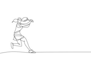 One continuous line drawing of young happy female tennis player hit the opponent's ball. Competitive sport concept. Dynamic single line draw design vector illustration for tournament promotion poster