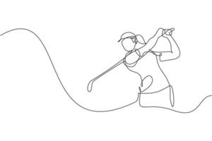 One single line drawing of young sporty golf player hit the ball using golf club graphic vector illustration. Healthy sport concept. Modern continuous line draw design for golf tournament poster