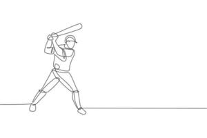 One continuous line drawing of young sporty man baseball player practice to hit the ball at field. Competitive sport concept. Dynamic single line draw design vector illustration for promotion poster