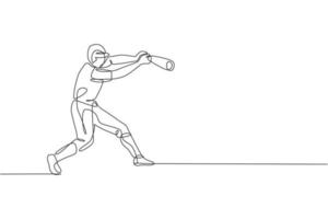 un dibujo de una sola línea de la práctica de un joven jugador de béisbol enérgico para golpear la ilustración vectorial de la pelota. concepto de entrenamiento deportivo. diseño moderno de dibujo de línea continua para la pancarta del torneo de béisbol vector