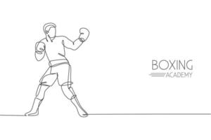 One continuous line drawing young sporty man boxer try to provoke rival. Competitive combat sport concept. Dynamic single line draw design graphic vector illustration for boxing match promotion poster