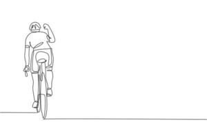 One continuous line drawing of young sporty man bicycle racer raise his hand to celebrate the finish. Road cyclist concept. Single line draw design vector illustration for cycling competition poster