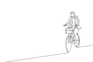 One single line drawing of young happy professional startup employee man ride bicycle to the coworking space vector illustration. Healthy commuter lifestyle concept. Modern continuous line draw design