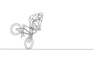 un dibujo de línea continua de un joven ciclista bmx que realiza trucos peligrosos en el parque de patinaje. Ilustración de vector de concepto de deporte extremo. diseño dinámico de dibujo de una sola línea para el cartel de promoción de eventos