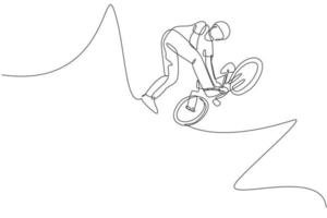 un dibujo de una sola línea de un joven ciclista bmx que vuela en el truco del aire en la ilustración del vector de la calle. concepto de deporte extremo. diseño moderno de dibujo de línea continua para banner de competencia de estilo libre