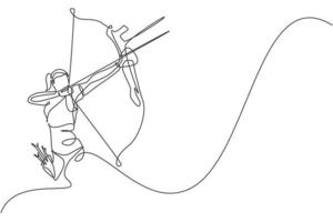 un dibujo de línea continua de una joven arquera tirando del arco para disparar un objetivo de tiro con arco. Concepto de entrenamiento y ejercicio deportivo de tiro con arco. Ilustración de vector de diseño de dibujo de línea única dinámica