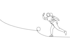 One single line drawing young talented bowling player woman throw ball to hit bowling pins vector graphic illustration. Healthy people lifestyle and sport concept. Modern continuous line draw design