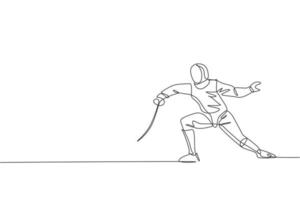 One single line drawing of young man fencer athlete in fencing costume exercising motion on sport arena vector illustration. Combative and fighting sport concept. Modern continuous line draw design