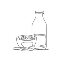 One continuous line drawing fresh delicious bowl of cereal breakfast and a bottle of milk. Healthy breakfast template concept. Modern single line draw design natural food graphic vector illustration