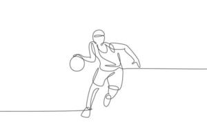 Single continuous line drawing of young agile basketball player dribbling the ball. Competitive sport concept. Trendy one line draw design vector illustration for basketball tournament promotion media