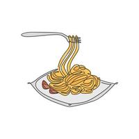 un dibujo de una sola línea de la deliciosa ilustración vectorial del logotipo de espagueti italiano fresco. menú de cafetería de comida rápida de pasta y concepto de placa de restaurante. diseño de dibujo de línea continua moderna logotipo de comida callejera vector