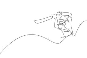 un joven jugador de cricket enérgico de dibujo de una sola línea golpeó el jonrón de la pelota en la ilustración del vector gráfico del estadio. concepto de deporte diseño moderno de dibujo de línea continua para banner de competencia de cricket