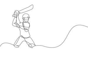 Single continuous line drawing of young agile man cricket player standing and ready to hit ball vector illustration. Sport exercise concept. Trendy one line draw design for cricket promotion media