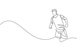 One single line drawing of young happy runner man exercise to improve stamina graphic vector illustration. Healthy lifestyle and competitive sport concept. Modern continuous line draw design