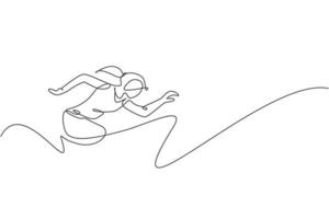 One single line drawing of young energetic woman runner run fast vector graphic illustration. Individual sports, training concept. Modern continuous line draw design for running competition banner