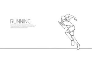 One continuous line drawing of young woman athlete runner focus sprint fast. Individual sport, competitive concept. Dynamic single line draw design vector illustration for running competition poster