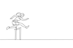 Single continuous line drawing of young agile woman runner train to jump at hurdle run. Healthy lifestyle concept. Trendy one line draw design graphic vector illustration for running race promotion