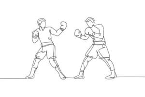 Single continuous line drawing of two young agile men boxer provoke rival at boxing match. Fair combative sport concept. Trendy one line draw design vector illustration for boxing game promotion media