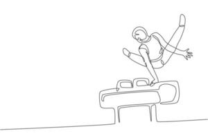 Single continuous line drawing young handsome professional gymnast man perform acrobatic motion. Pommel horse training and stretching concept. Trendy one line draw design vector graphic illustration