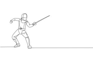 Single continuous line drawing of young professional fencer athlete woman in fencing mask and rapier. Competitive fighting sport competition concept. Trendy one line draw design vector illustration