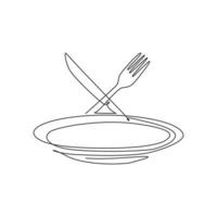 dibujo de una sola línea continua de la etiqueta del logotipo de cuchillo y tenedor de plato vacío estilizado. concepto de arte de emblema de restaurante de lujo. ilustración gráfica vectorial de diseño de dibujo de una línea moderna para cafetería vector