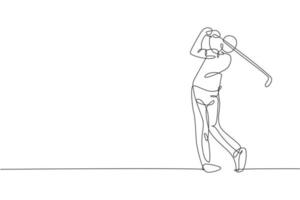 One single line drawing of young sporty golf player hit the ball using golf club vector illustration graphic. Healthy sport concept. Modern continuous line draw design for golf tournament poster