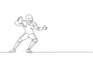 dibujo de una sola línea continua joven hombre ágil jugador de fútbol americano postura para pasar el balón para los medios de competencia. concepto de ejercicio deportivo. ilustración gráfica de vector de diseño de dibujo de una línea de moda