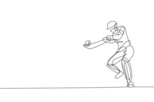 One continuous line drawing of young happy man cricket player focus to hit the ball hard vector illustration. Competitive sport concept. Dynamic single line draw design for sport advertisement poster