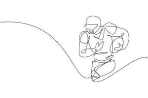 One single line drawing of young energetic man american football player run and hold the ball for league promotion. Sport competition concept. Modern continuous line draw design vector illustration