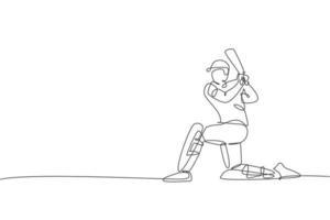un dibujo de una sola línea de un joven jugador de críquet enérgico de pie con la rodilla en la ilustración vectorial del suelo. concepto de feria deportiva. diseño moderno de dibujo de línea continua para banner de competencia de cricket vector