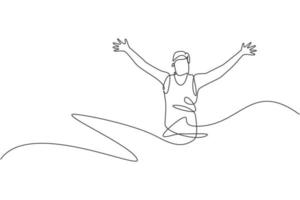 One continuous line drawing of young man athlete runner reach finish line. Individual sport, competitive concept. Dynamic single line draw design vector illustration for running competition poster