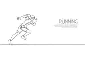 One single line drawing of young energetic woman runner focus to sprint run vector illustration. Individual sports, training concept. Modern continuous line draw design for running competition banner