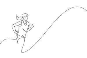 One single line drawing of young energetic woman runner run relax at track vector illustration. Individual sports, training concept. Modern continuous line draw design for running competition banner