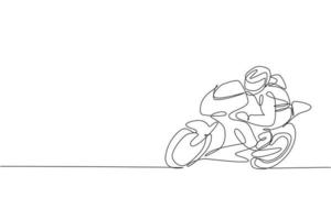 un dibujo de línea continua de un joven motociclista practicando en la pista del circuito. Ilustración de vector gráfico de concepto de carreras de súper bicicleta. diseño dinámico de dibujo de una sola línea para el cartel de promoción de carreras de motos