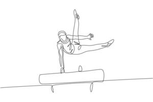 Single continuous line drawing young handsome professional gymnast man perform acrobatic motion. Pommel horse training and stretching concept. Trendy one line draw design vector graphic illustration