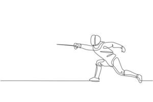 Single continuous line drawing young professional fencer athlete man in fencing mask and rapier. Competitive fighting sport competition concept. Trendy one line draw design graphic vector illustration