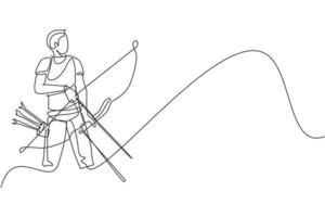 One single line drawing of young archer man focus exercising archery to hit the target vector illustration graphic. Healthy refresh shooting with bow sport concept. Modern continuous line draw design