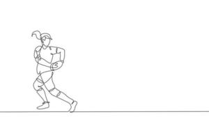 One continuous line drawing of young rugby player catch the ball and avoid opponent. Competitive aggressive sport concept. Dynamic single line draw design vector illustration for tournament promotion